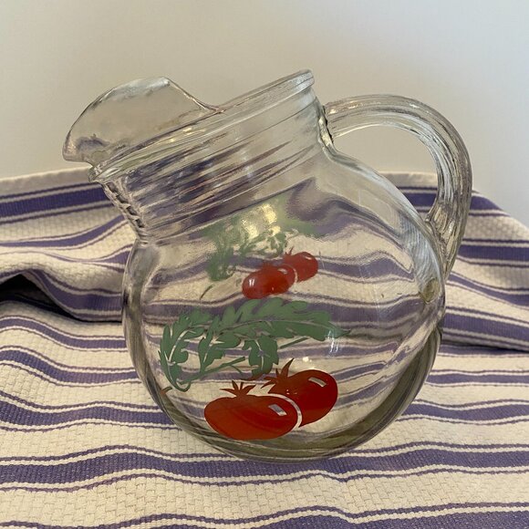 Vintage Mini Ball Glass Pitcher Clear w/painted Tomato Sz 6.5" h x 6.5" W 20FLoz - Picture 1 of 8